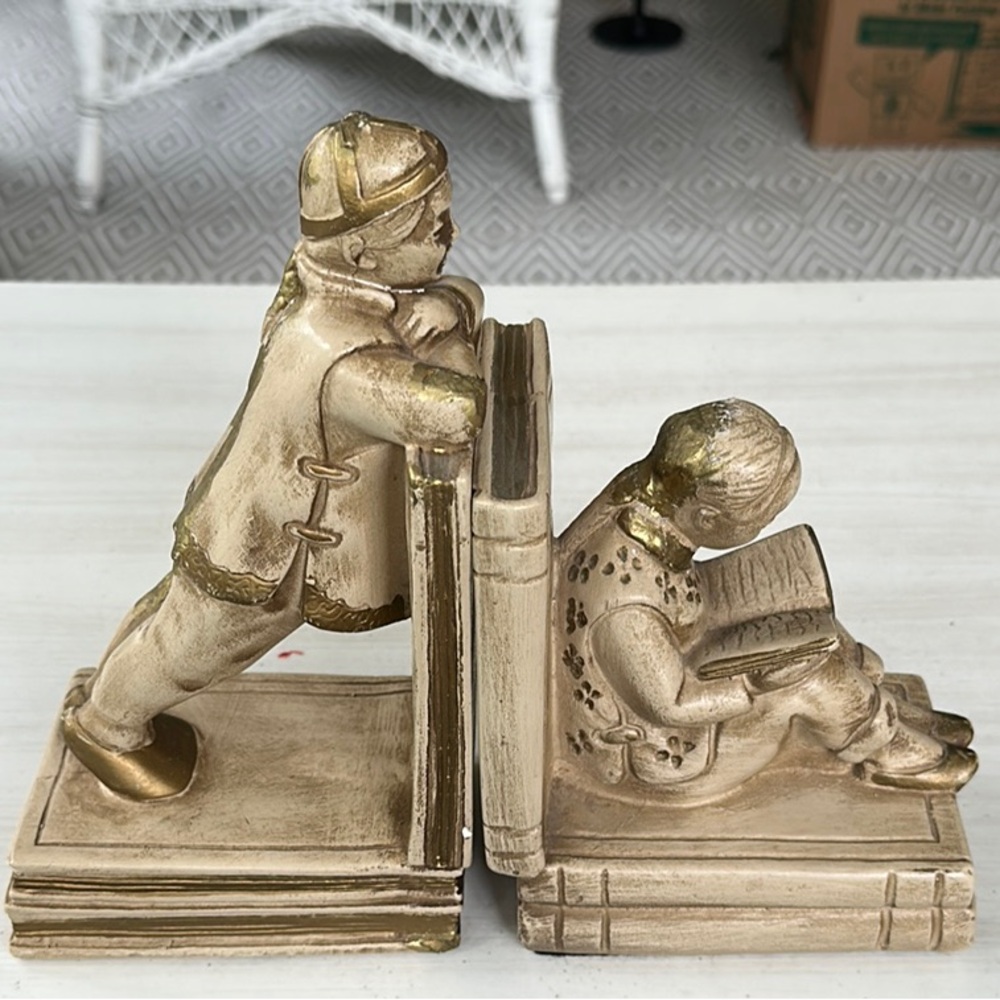 Bookend Set with Painted Gold Accents and Children Design